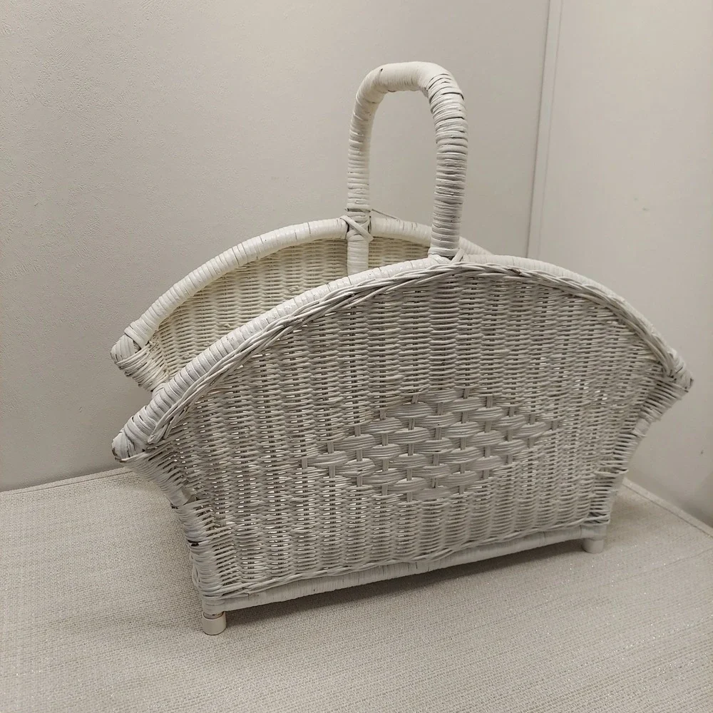 Vintage White Wicker Magazine Rack Floor Basket Arched Handle Shabby Chic
